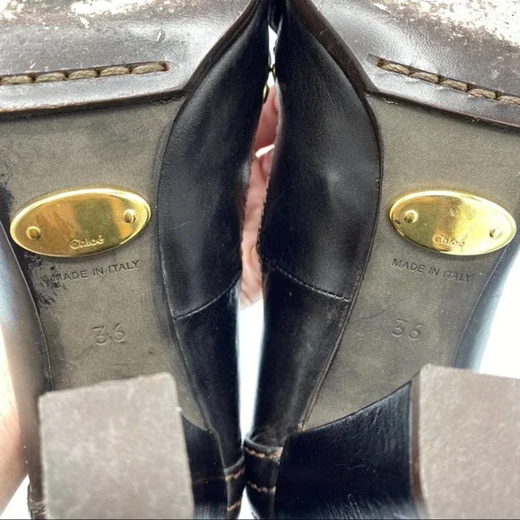 Chloe Brown Leather Round Toe Pumps Heels - Picture 12 of 14